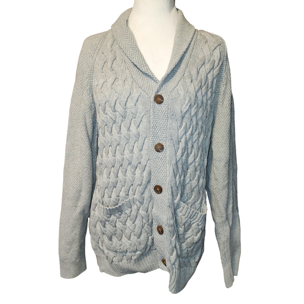 Tasso Elba Mens Gray Cable Knit Shawl Collar Cardigan Sweater Size M Cotton